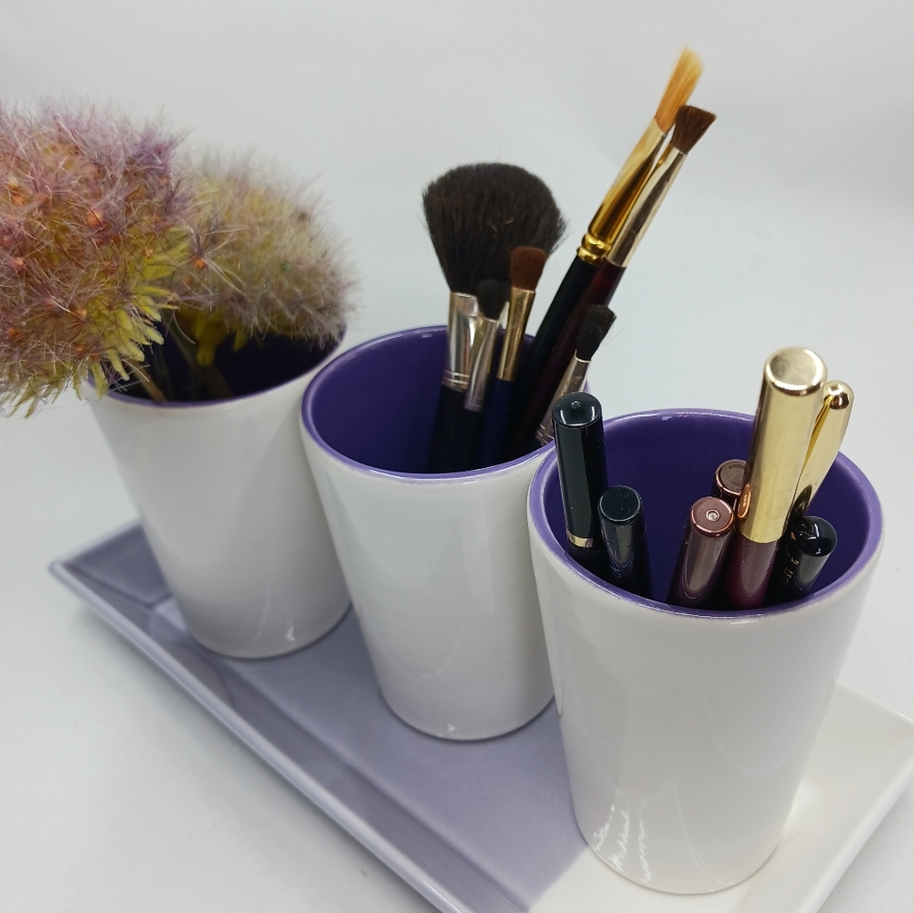 Violet and Off White Royal Doulton 9" Porcelain Tray with Trio of Pots